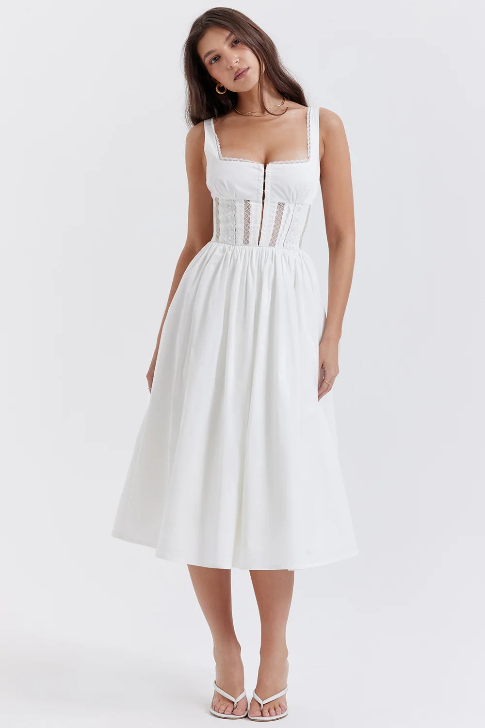 white lace trim midi dress