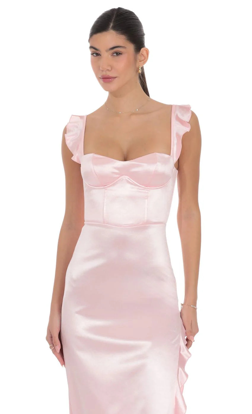 Satin Ruffle Maxi Dress in Pink