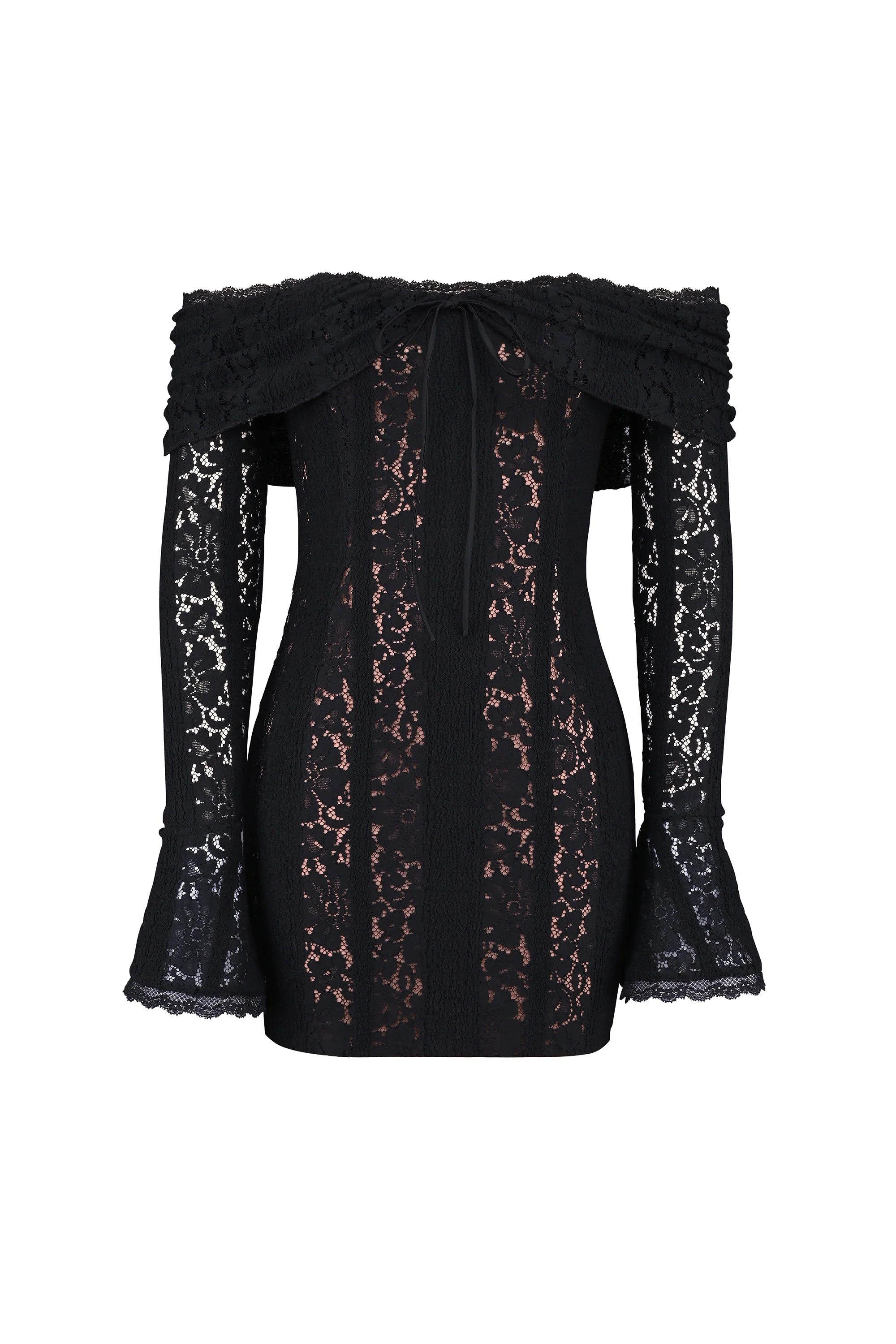 black floral lace off shoulder mini dress