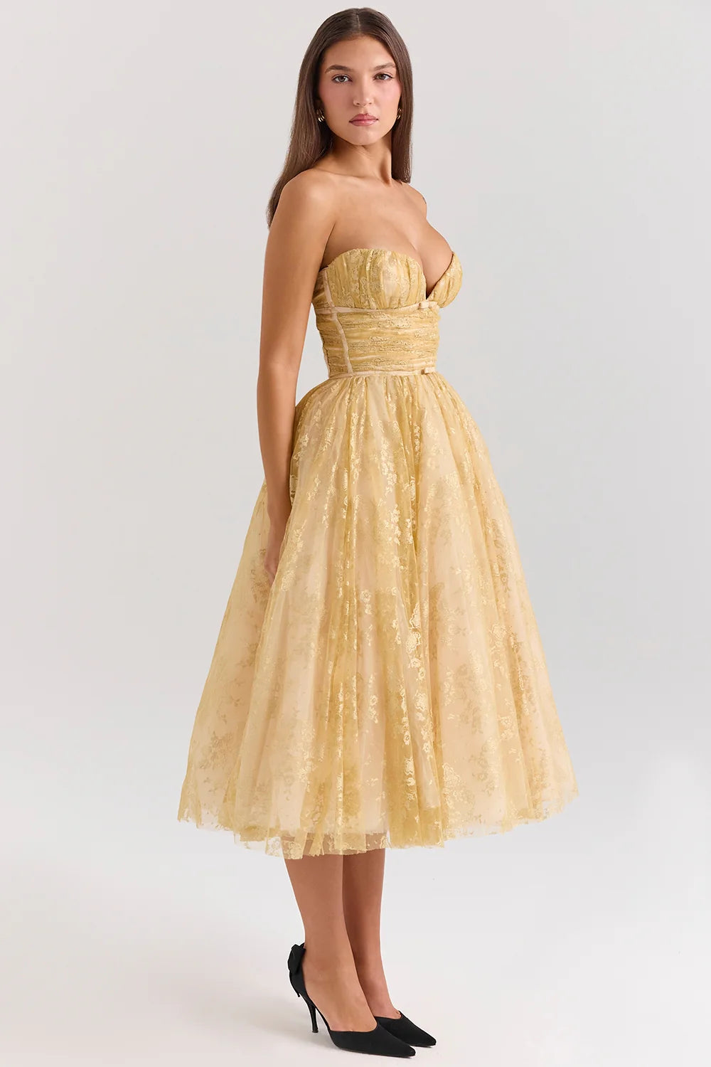gold metallic lace tulle midi gown