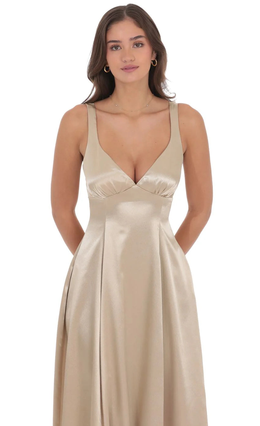 Satin V-Neck Fit and Flare Maxi Dress in Gold
