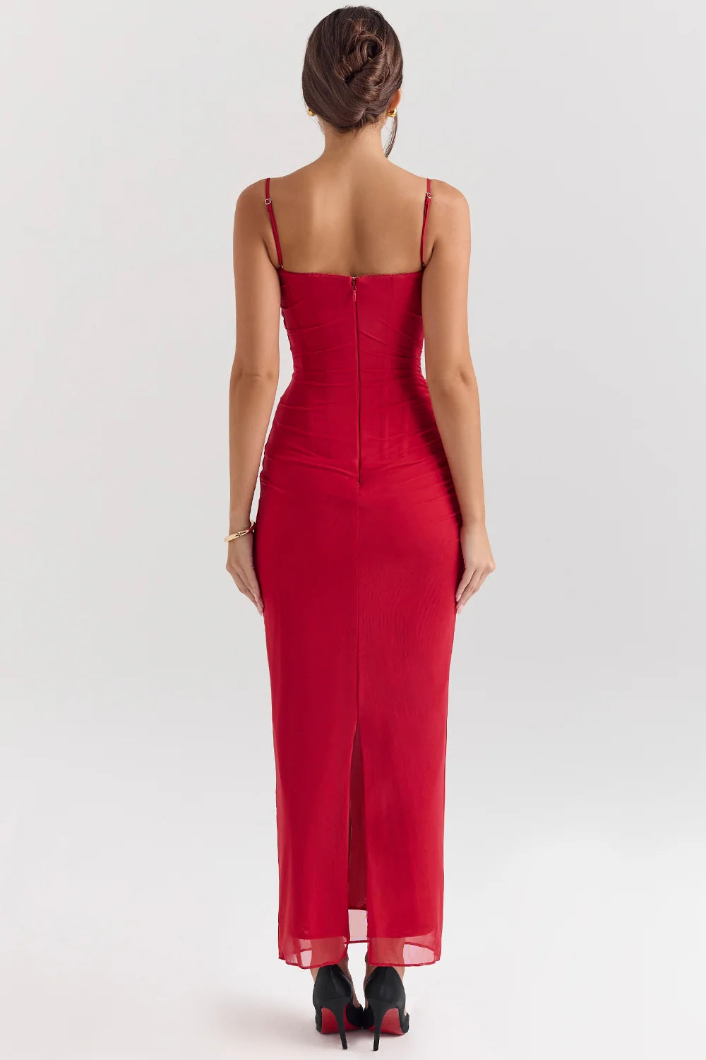 holly red stretch mesh corset maxi dress