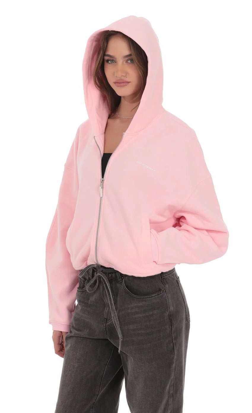 Cropped Fleece Zip-Up Hoodie in Pink