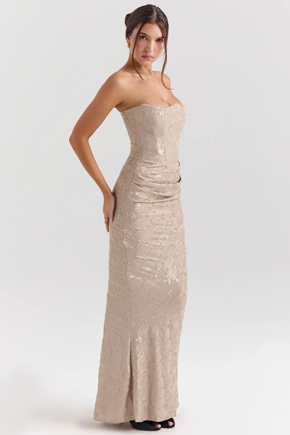 pale gold chiffon mesh strapless corset maxi dress