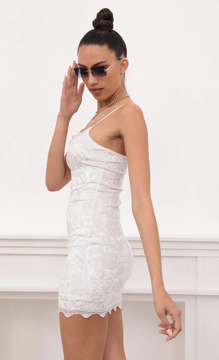Lace Bodycon Velvet Dress In White