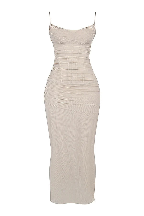 sand stretch mesh maxi dress
