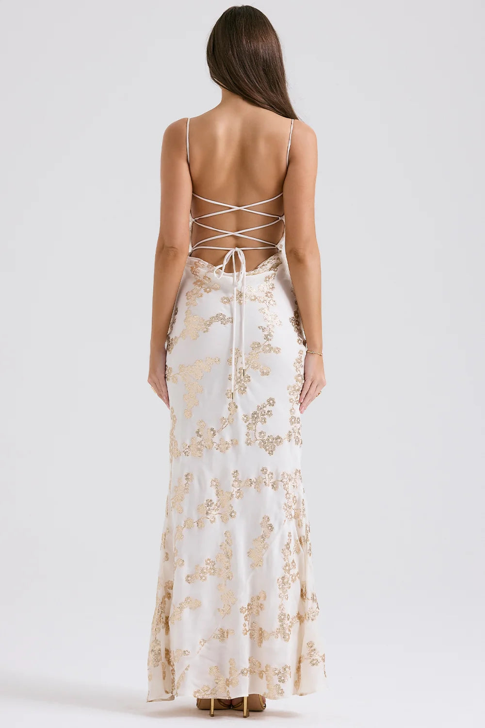 white & gold jacquard satin gown