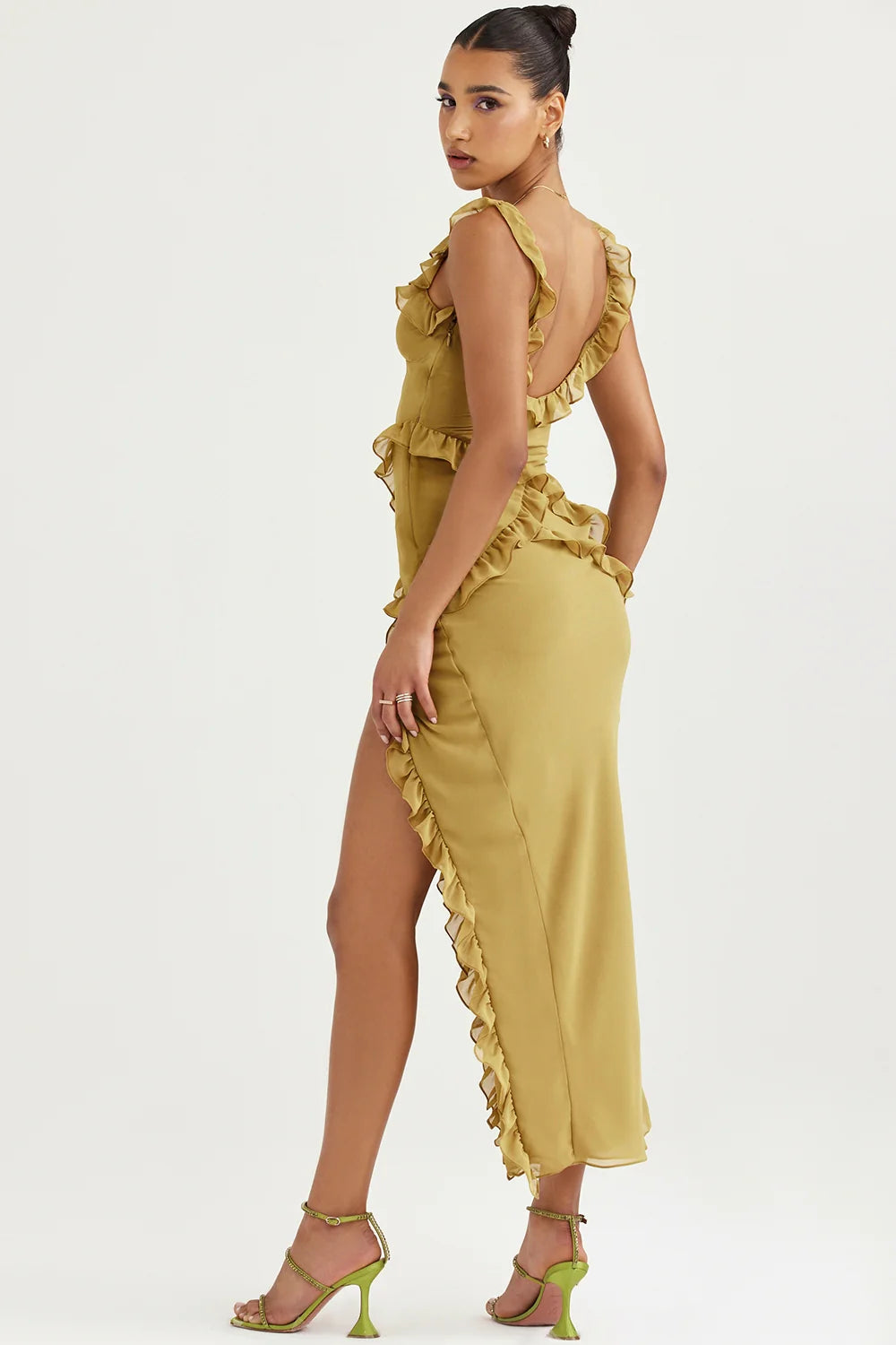 olive ruffle maxi dress