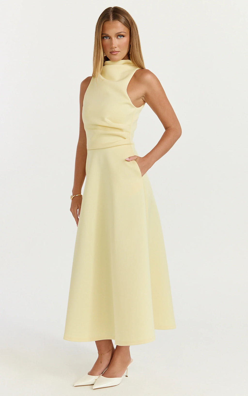 Macy Midi Dress - High Neck A Line Dress in Lemon