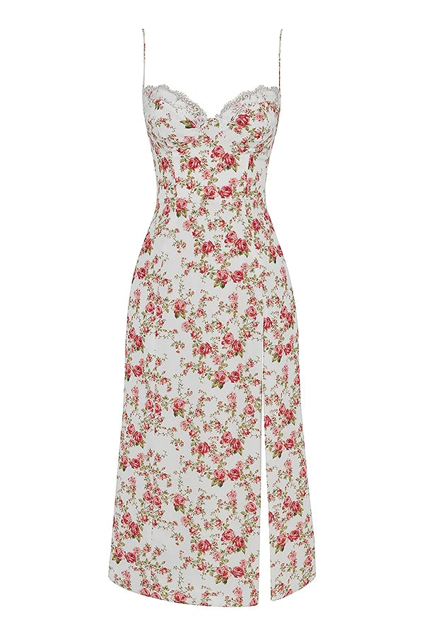 rose print corset midi sundress