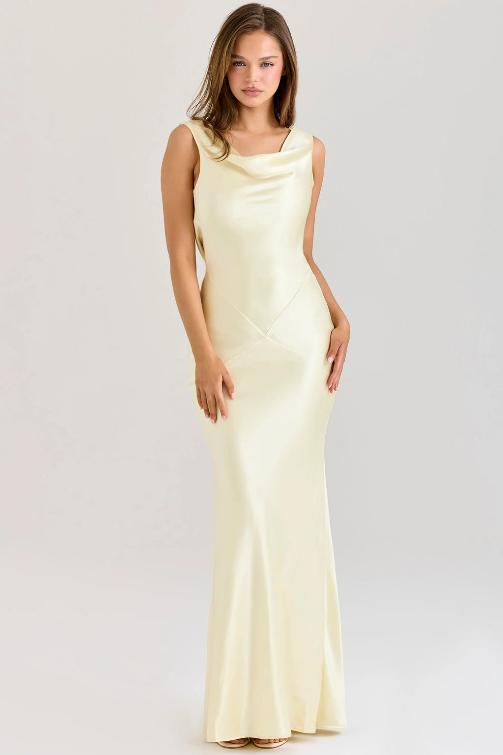 buttermilk satin draped cowl neck maxi dress