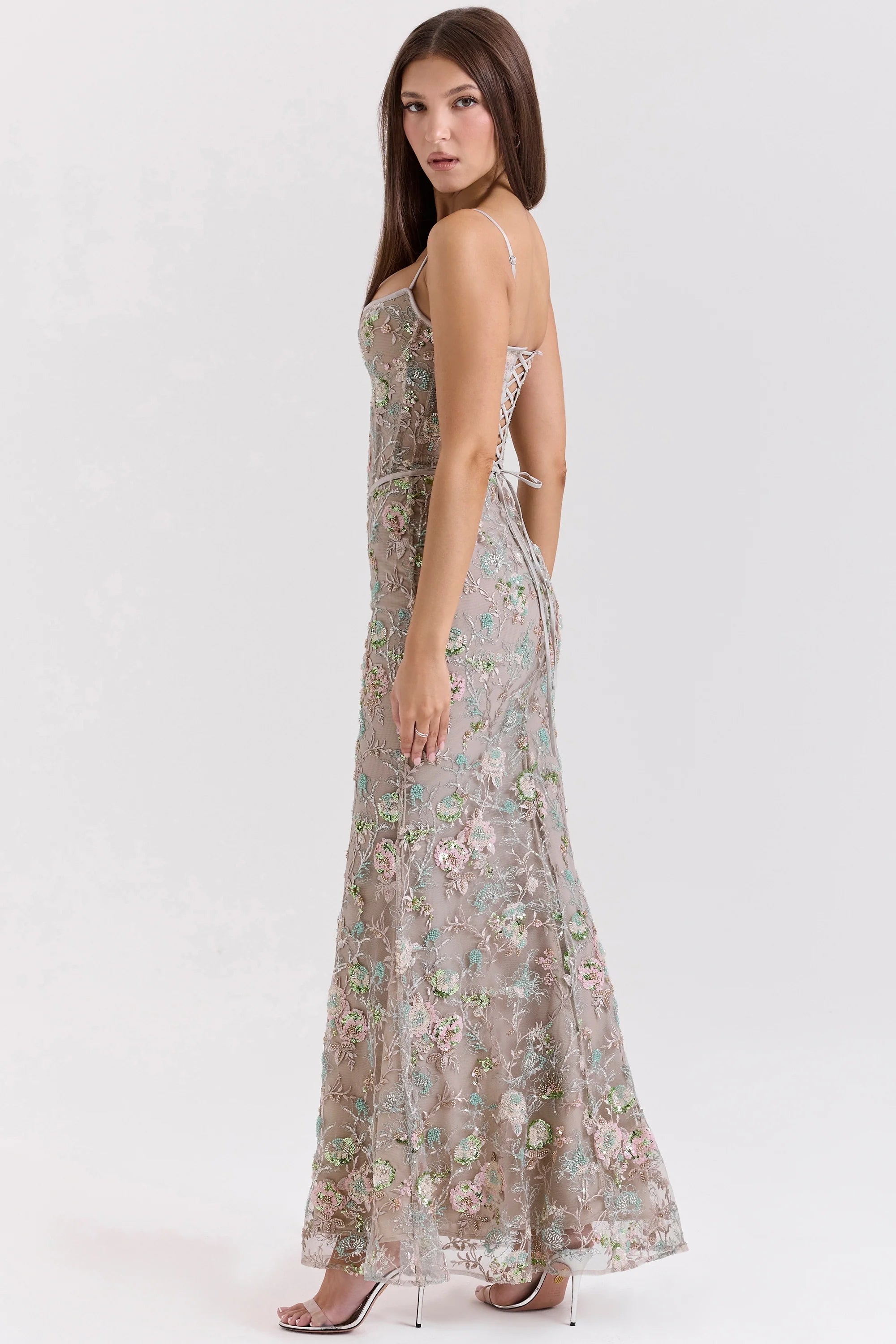 silver embellished beaded corset maxi dress