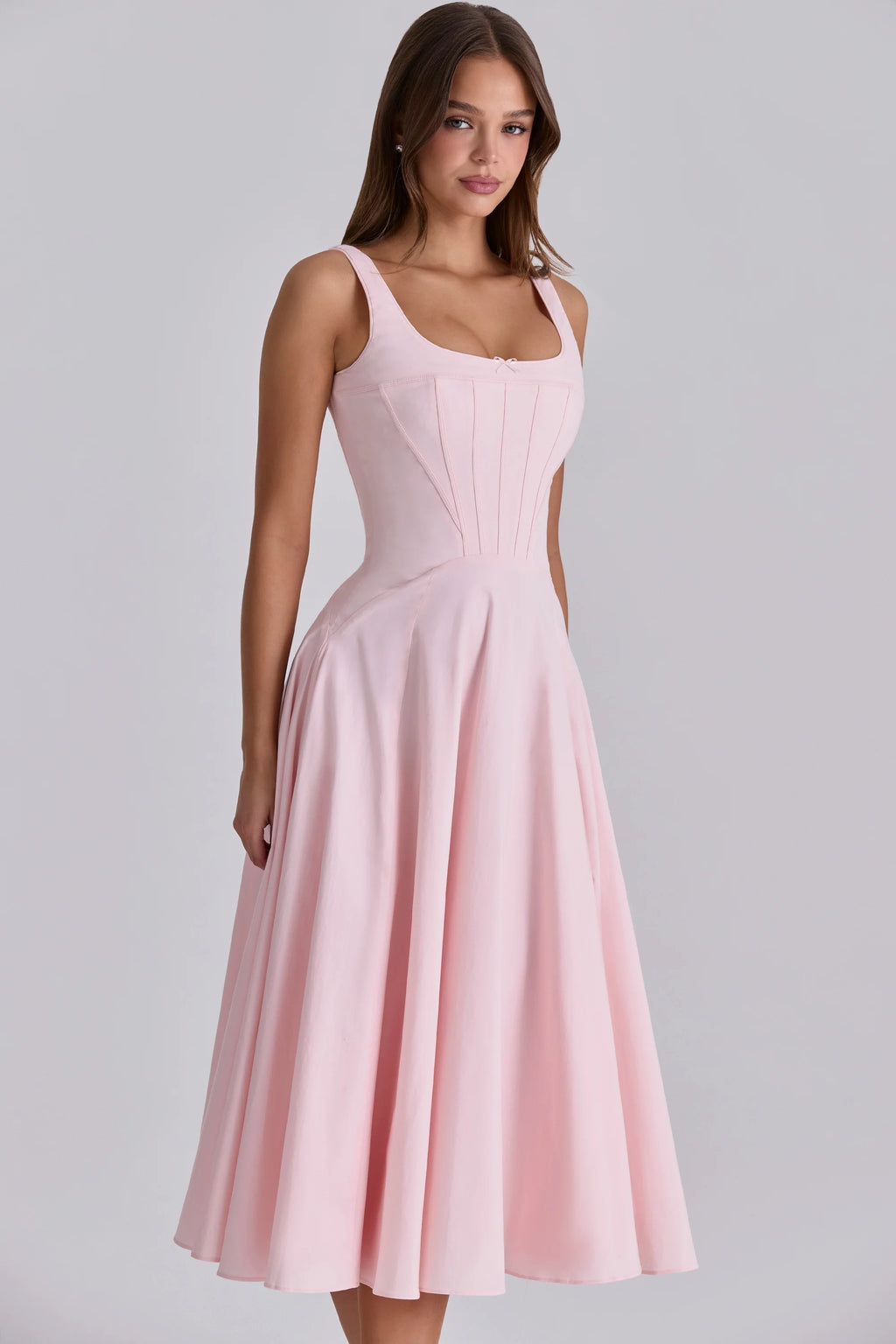 pink cotton lace up midi sundress