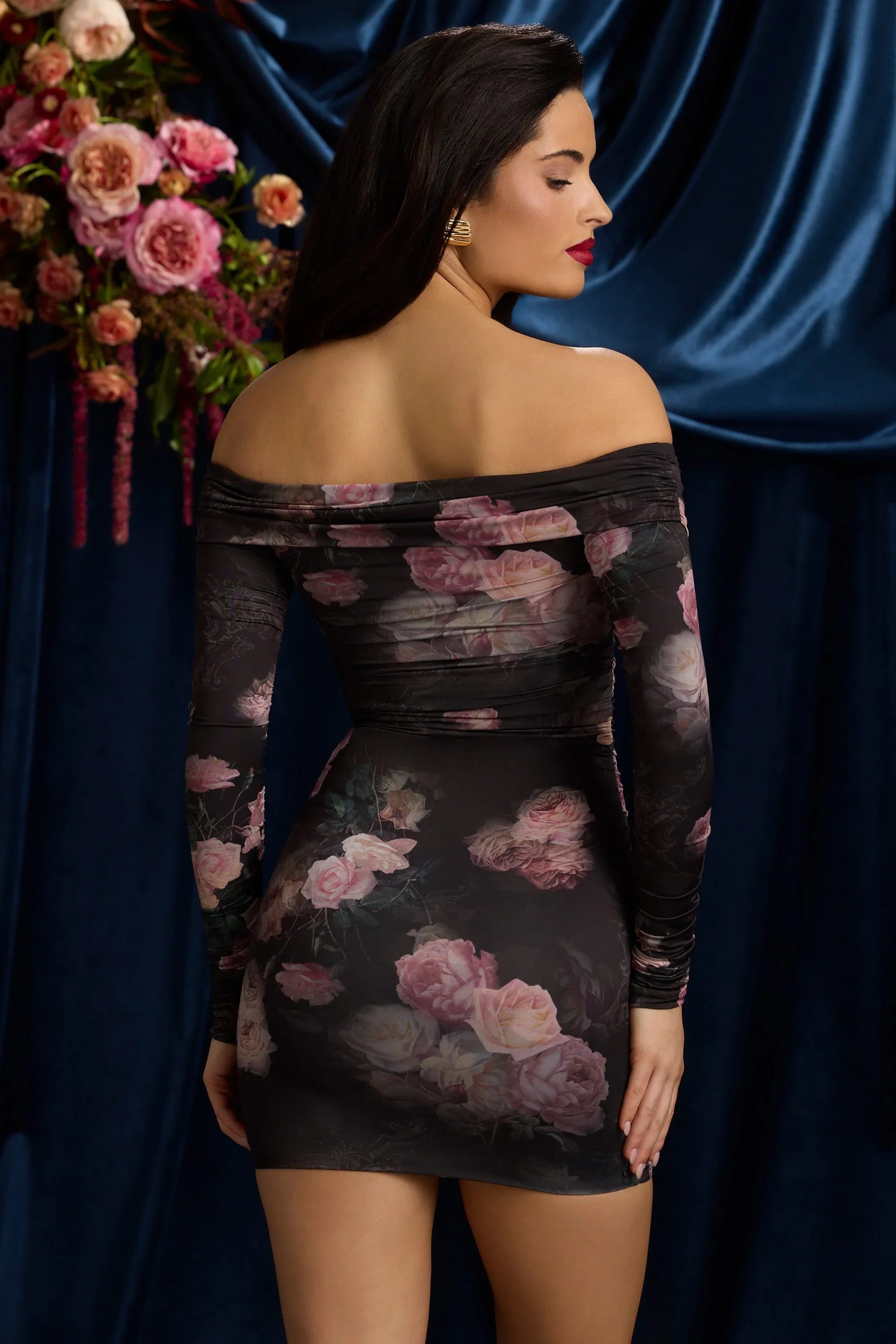 Off-Shoulder Ruched Bodycon Mini Dress in Black Floral Print