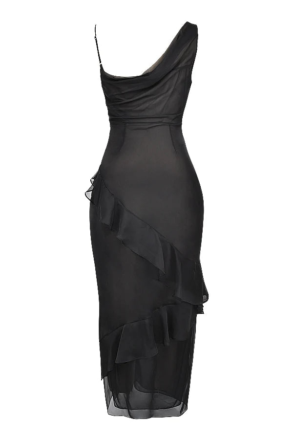 black ruffle maxi dress