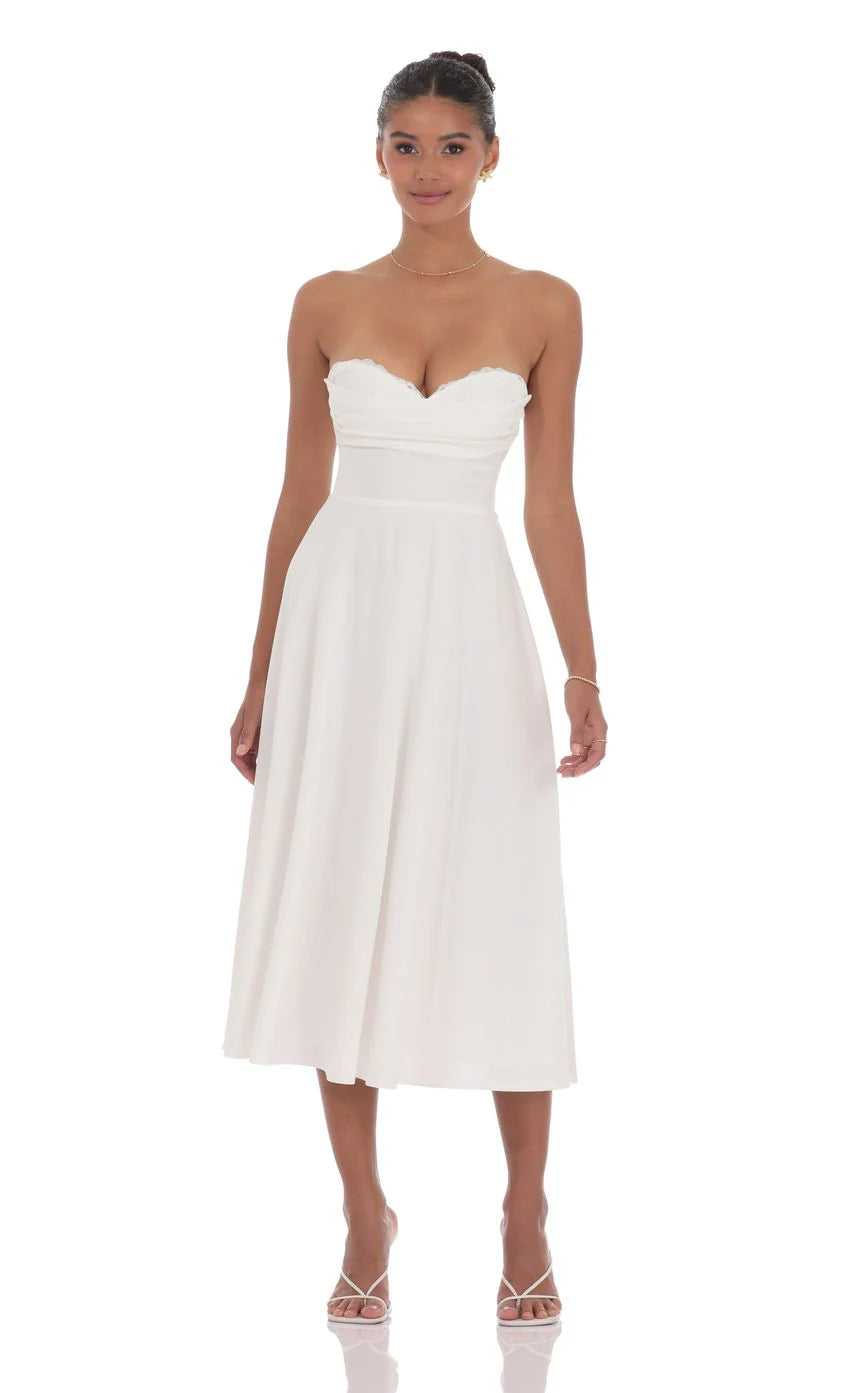 Lace Bust A-Line Midi Dress in White