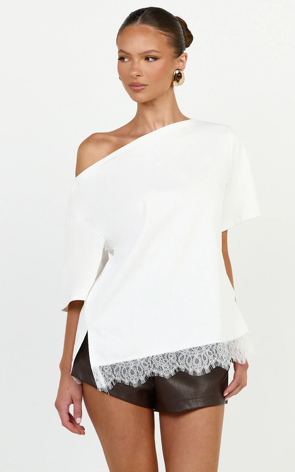 Lyra Top - Asym Lace Trim Tee in White