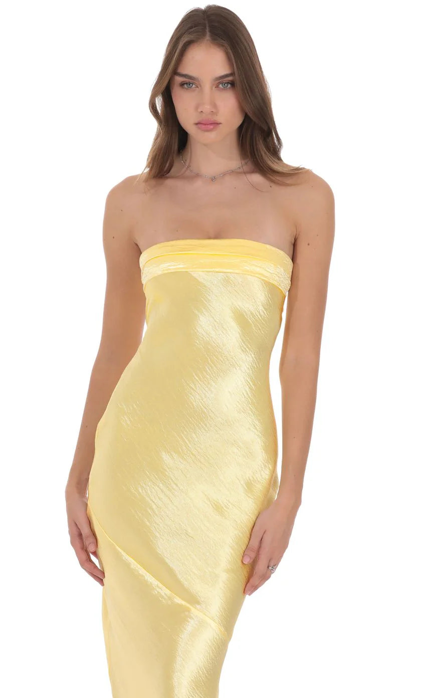Crinkle Satin Open Back Maxi Dress in Yellow