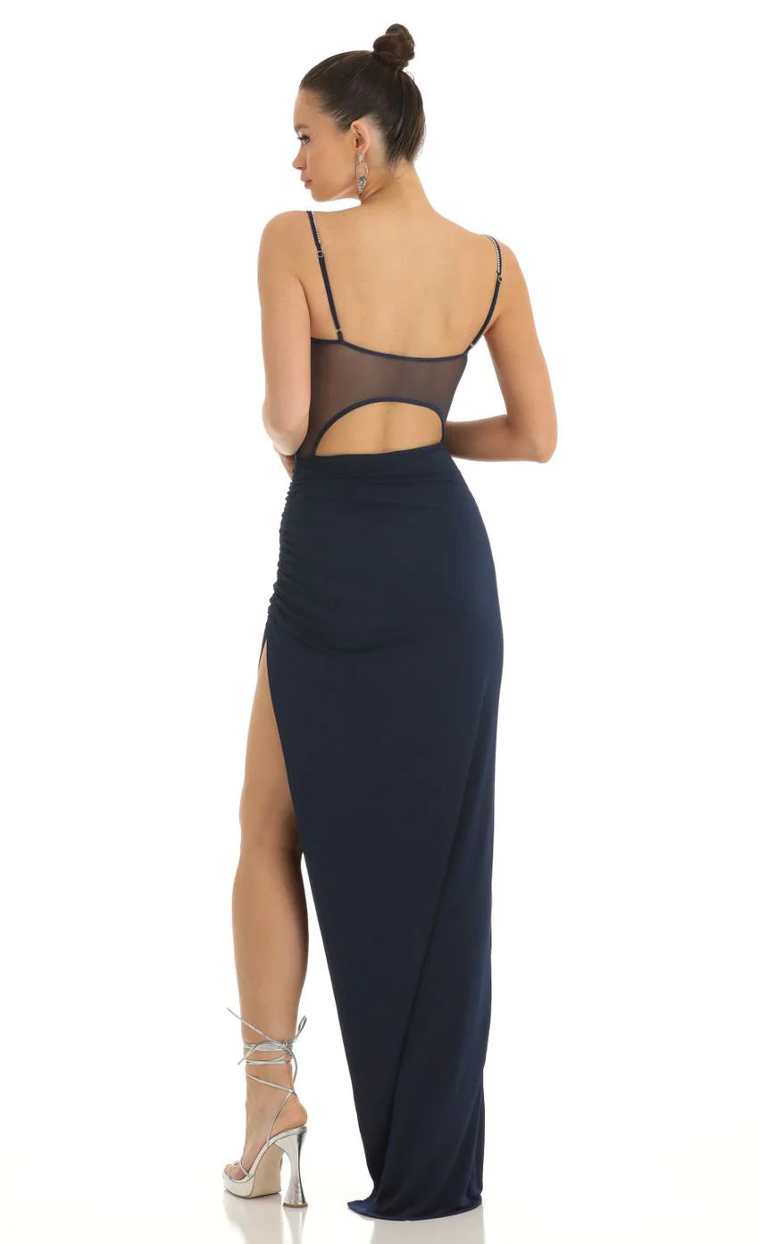 Rhinestone Strap Maxi Dress in Navy