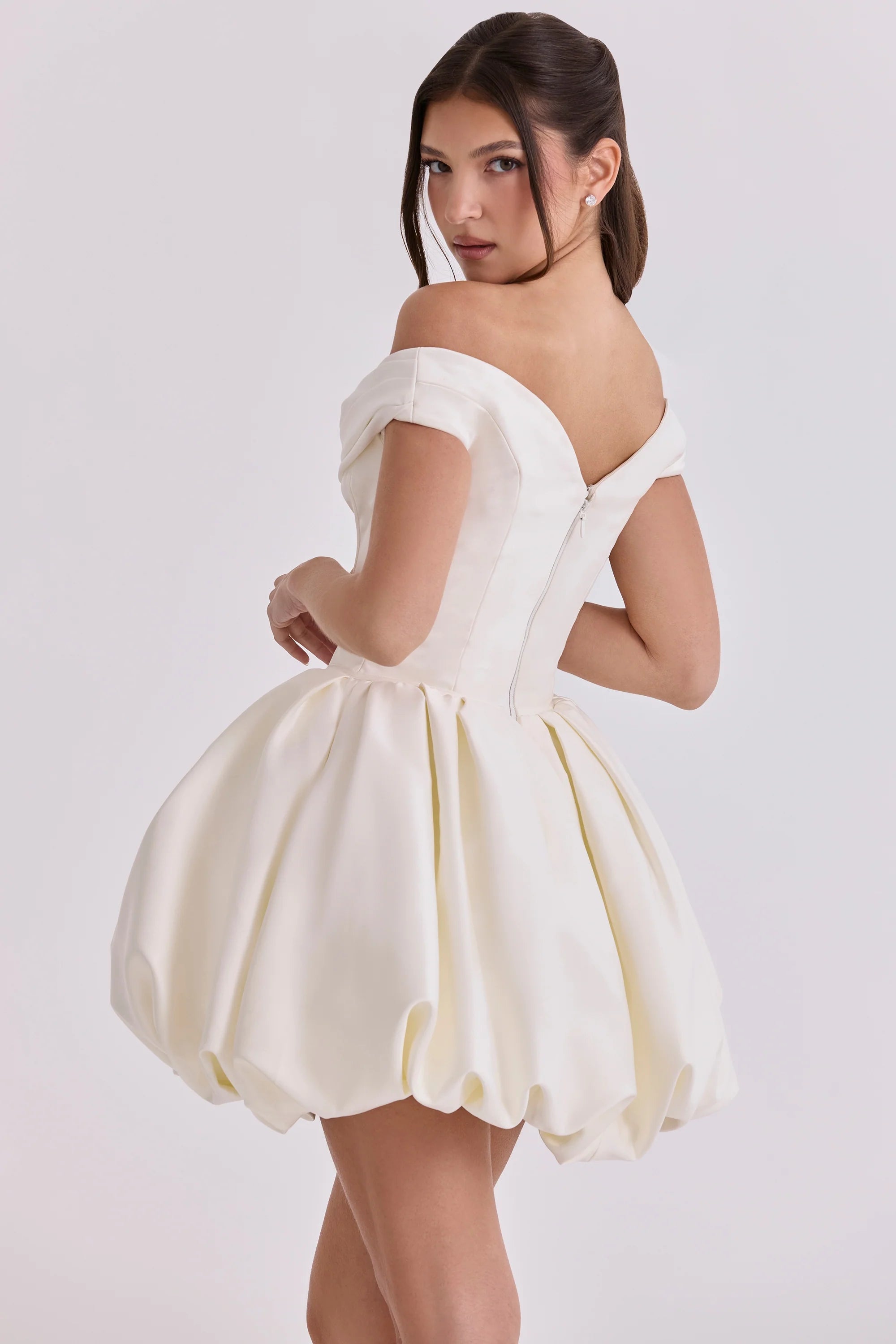 ivory satin off shoulder mini bridal gown