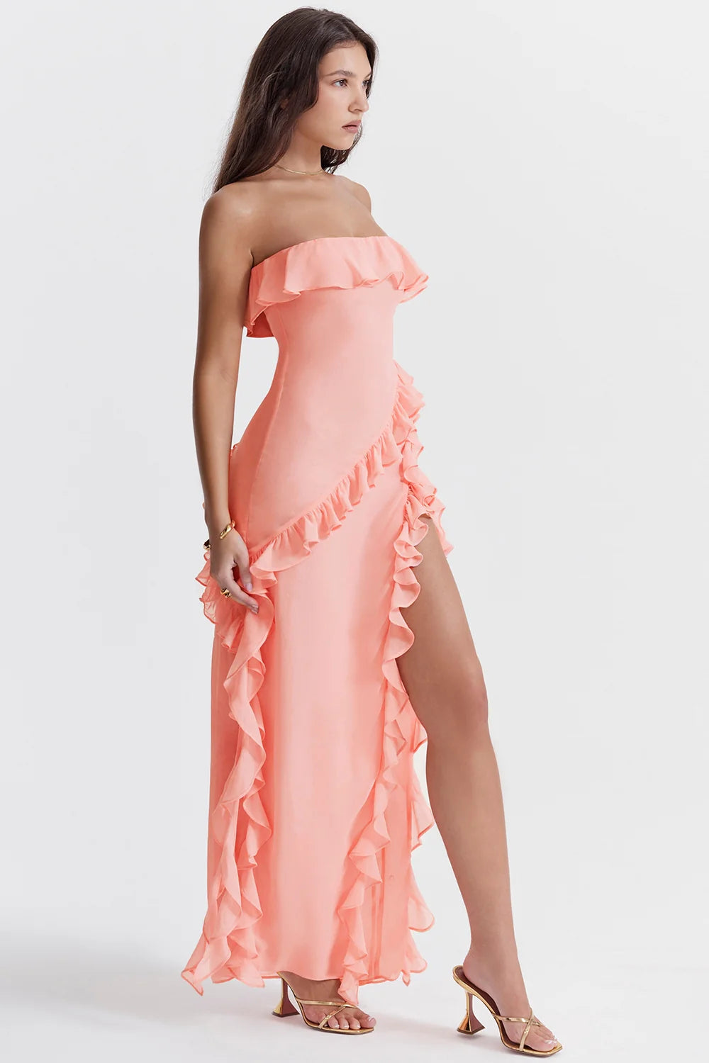 apricot ruffle maxi dress
