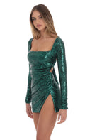 Sequin Side Slit Dress in Green