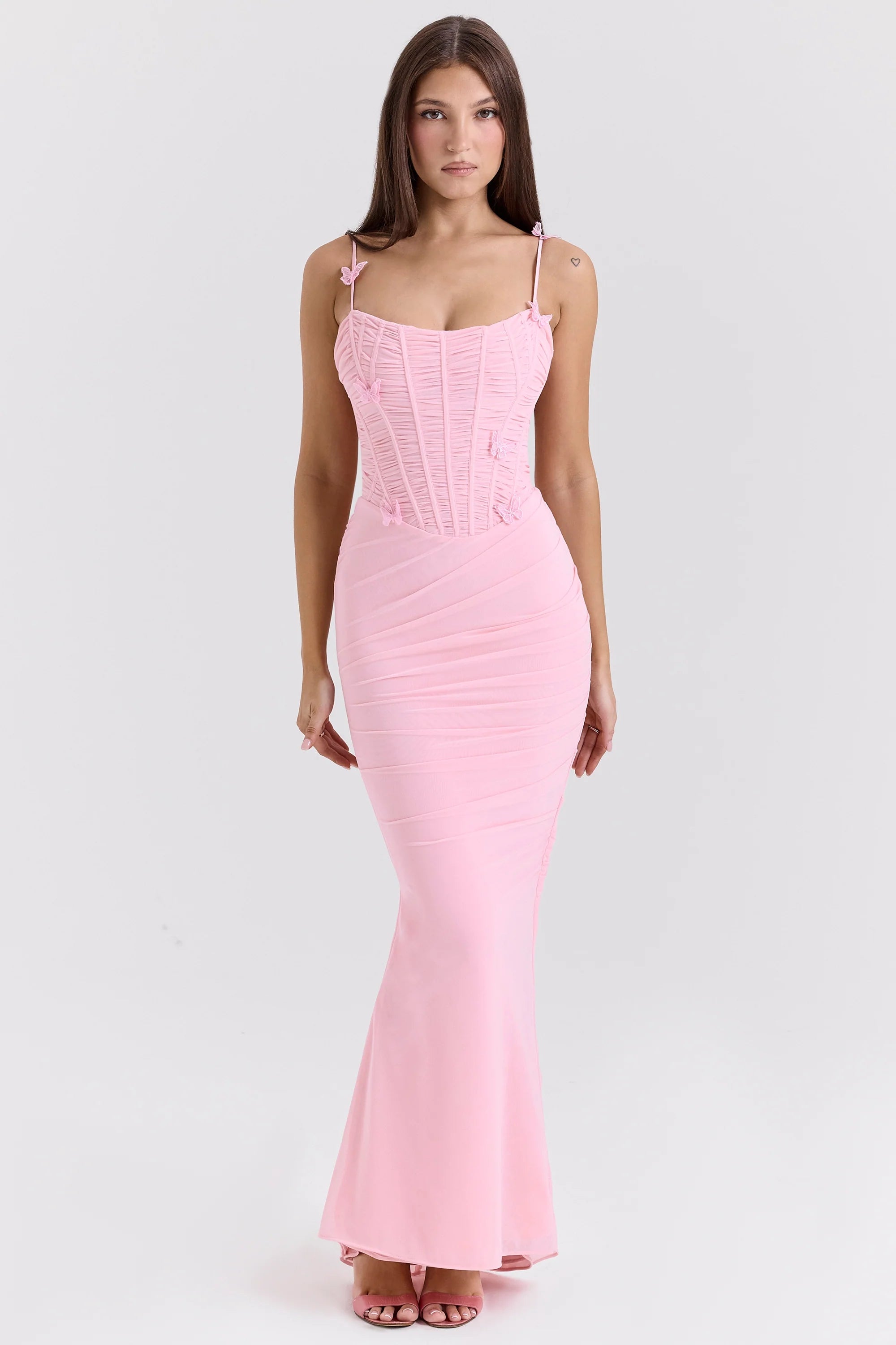 pink stretch mesh butterfly maxi dress