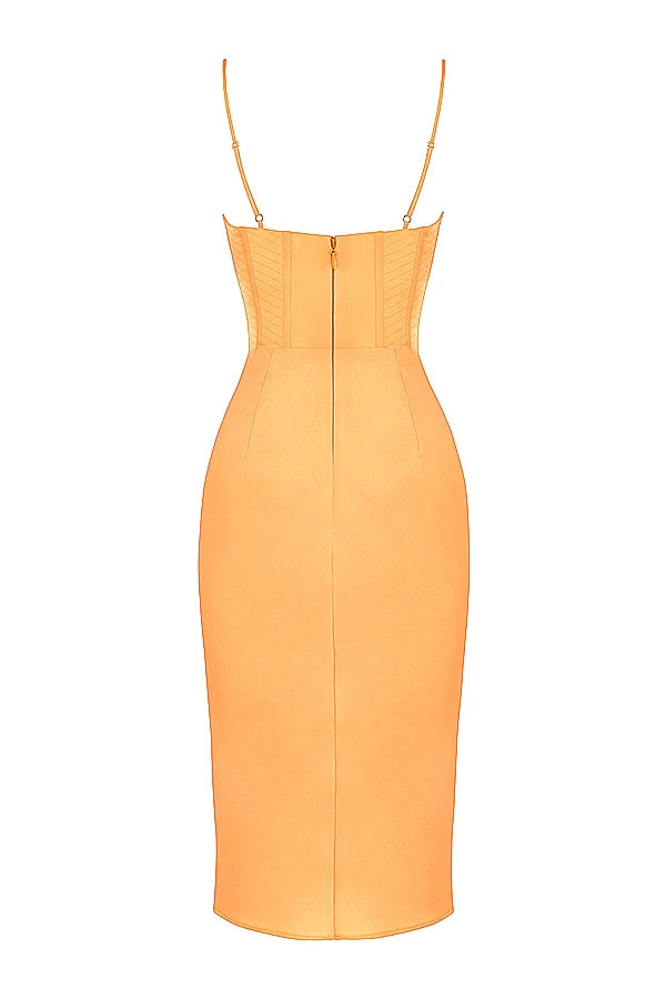 tangerine satin corset midi dress