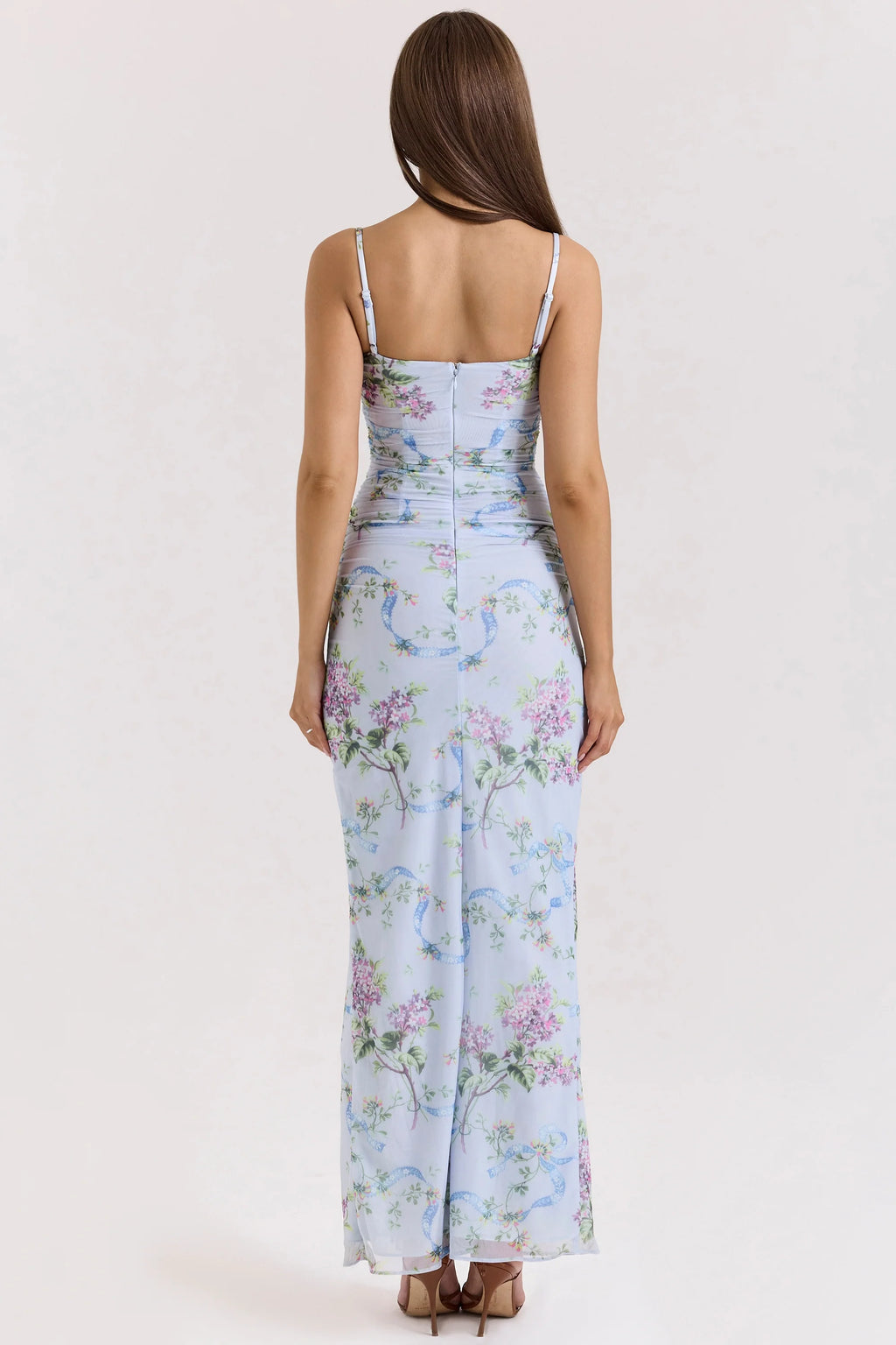 blue floral print mesh maxi dress