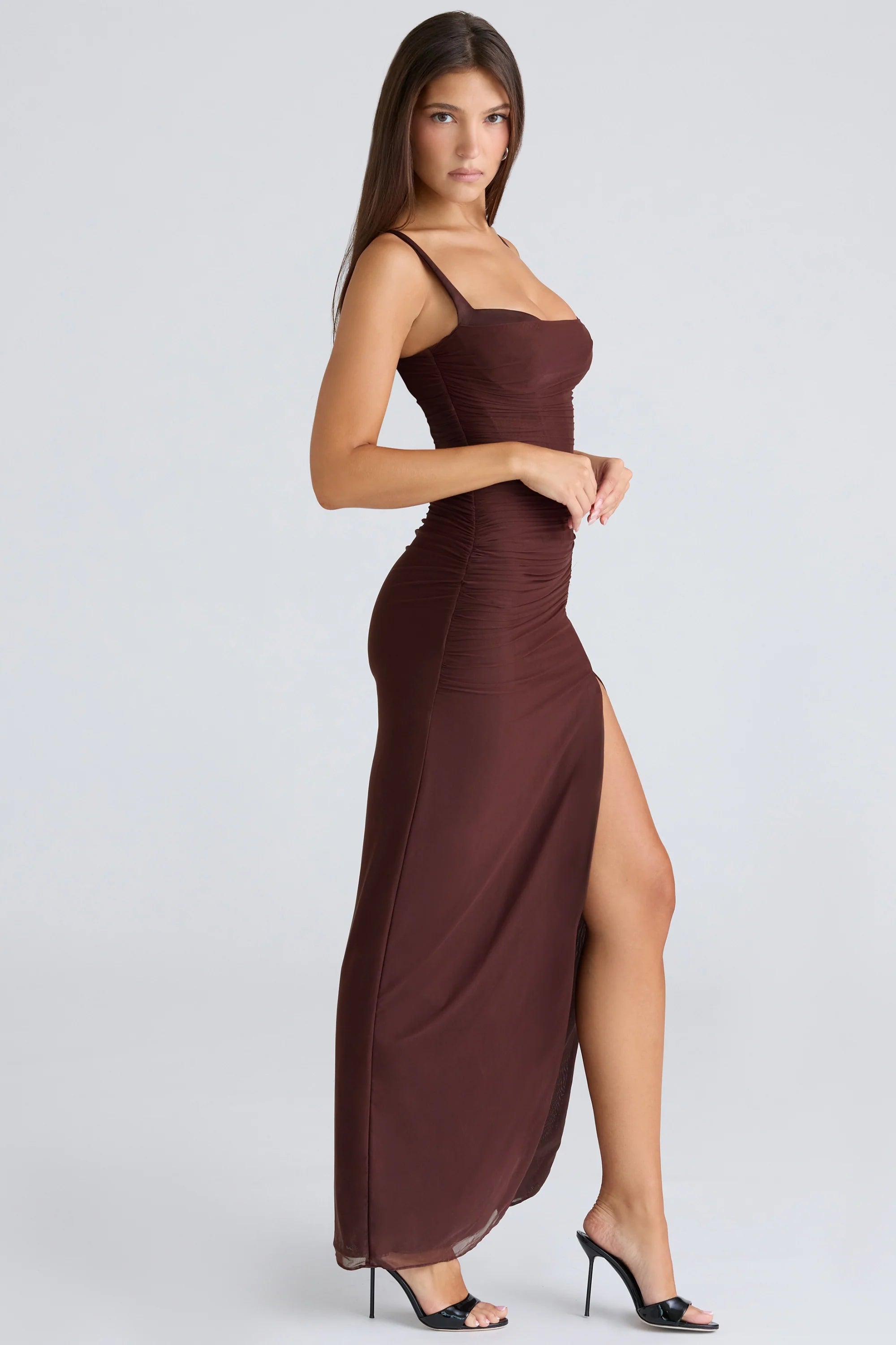 burgundy stretch mesh maxi dress