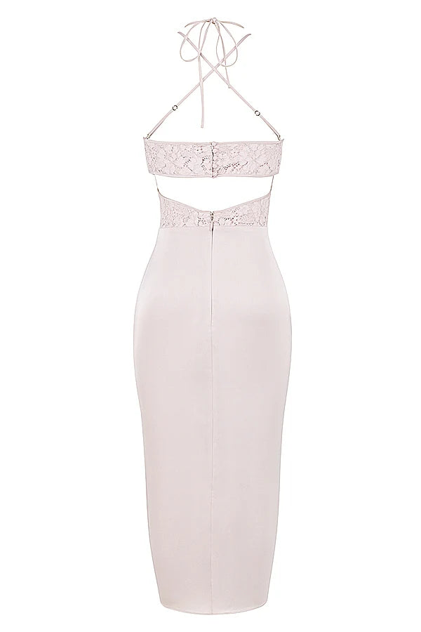 crystal satin and lace midi dress