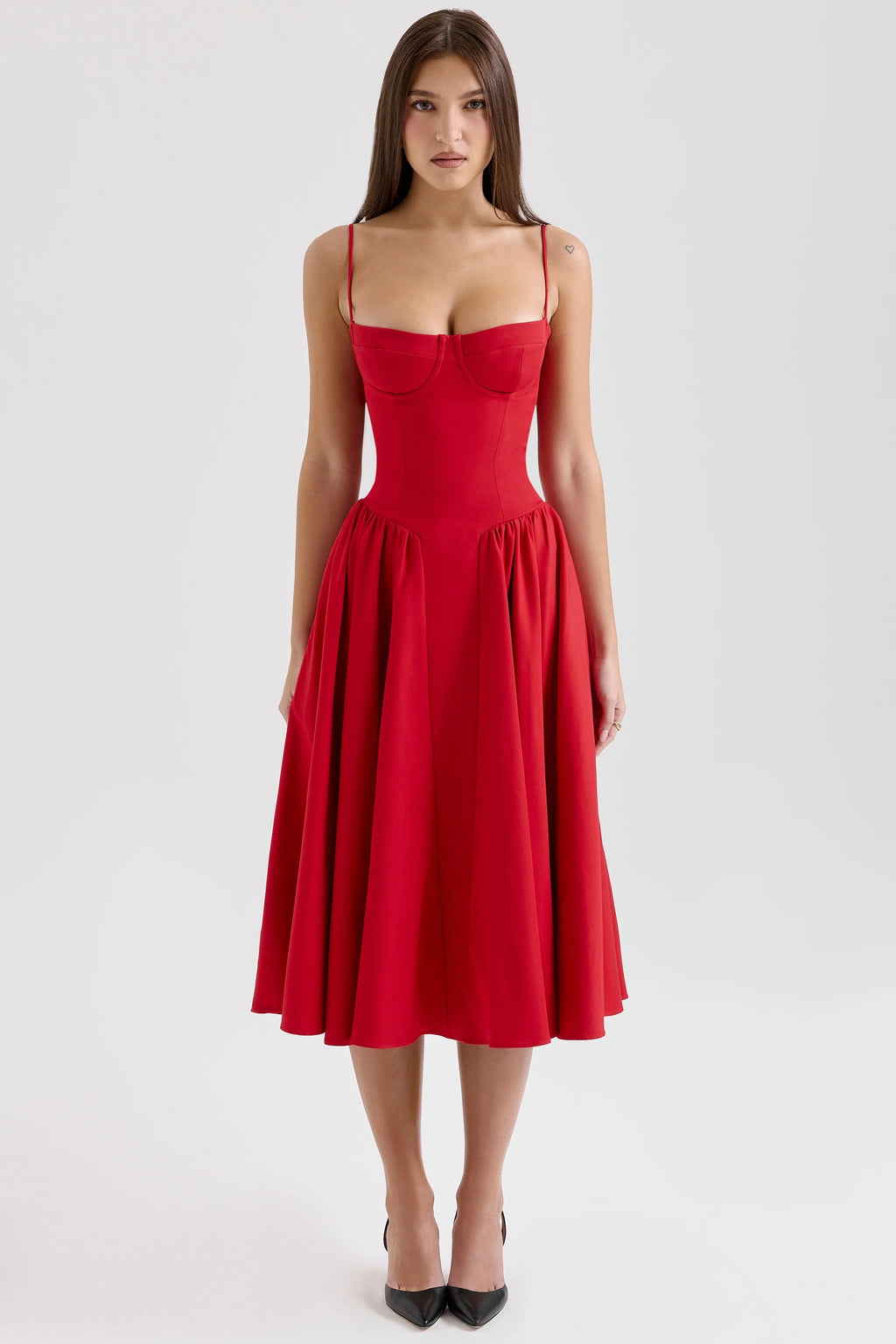 red gathered midi dress