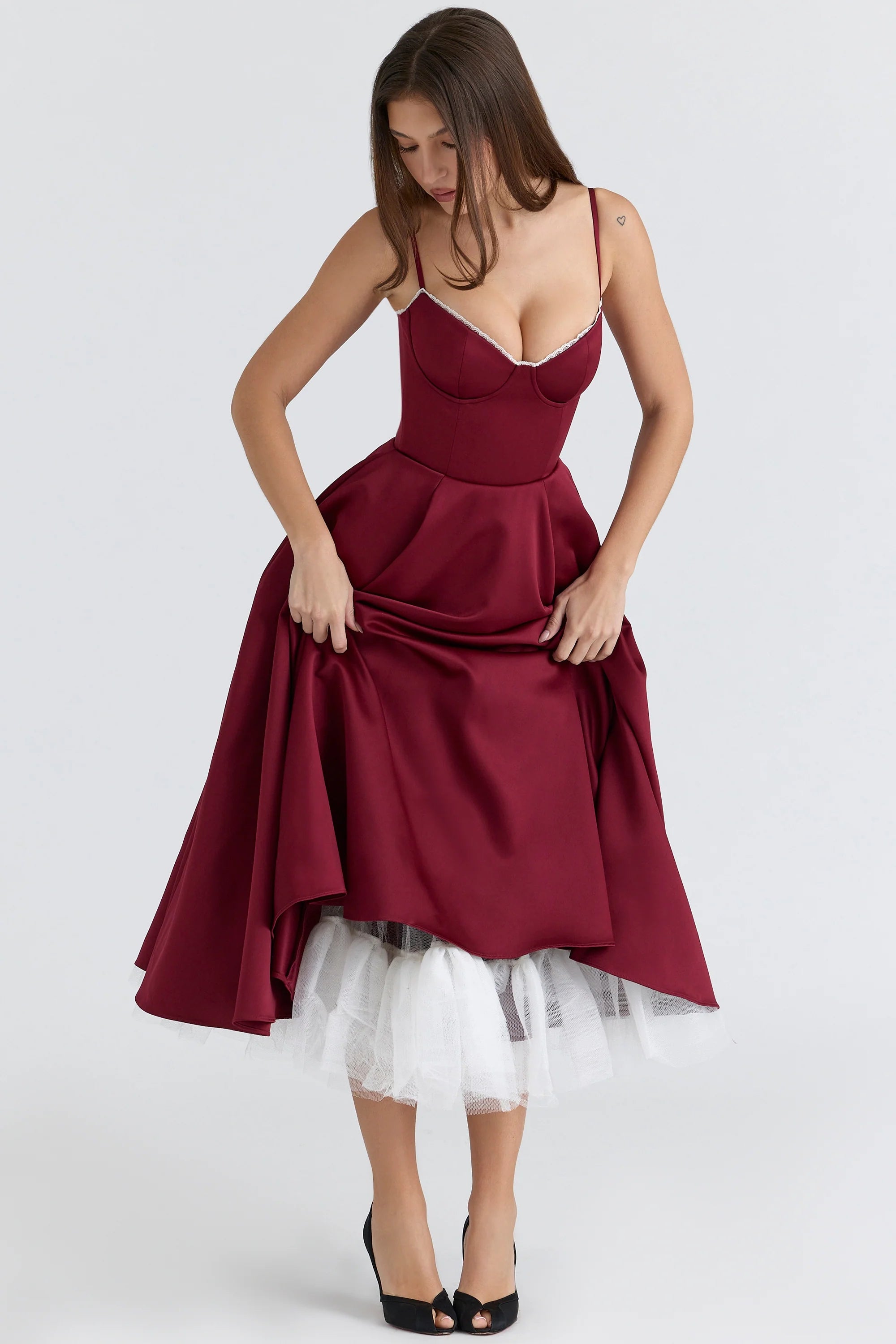 wine satin tulle midi dress