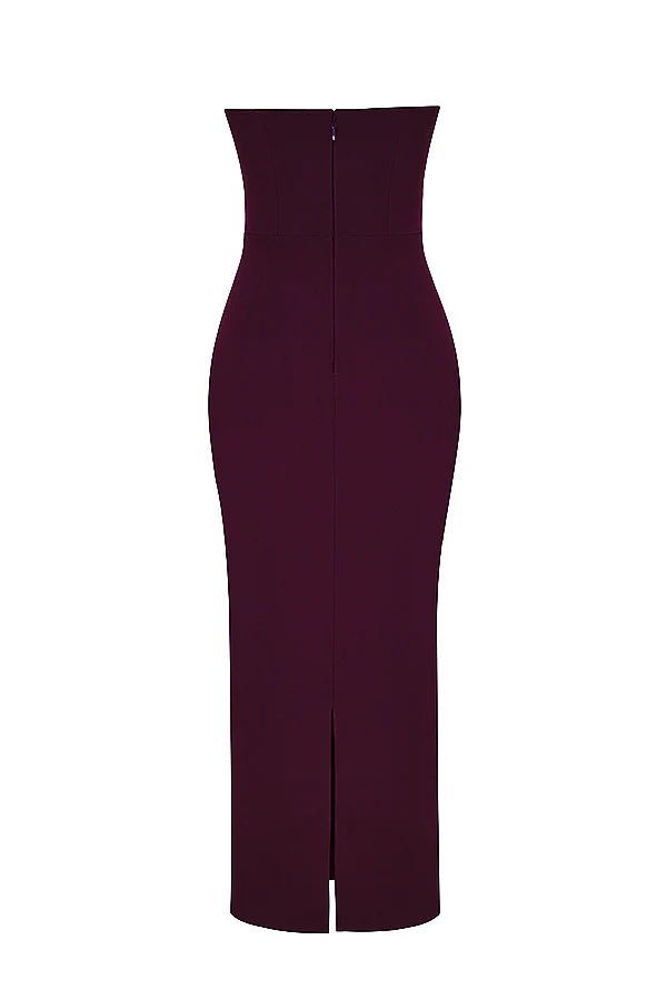 grape strapless corset maxi dress