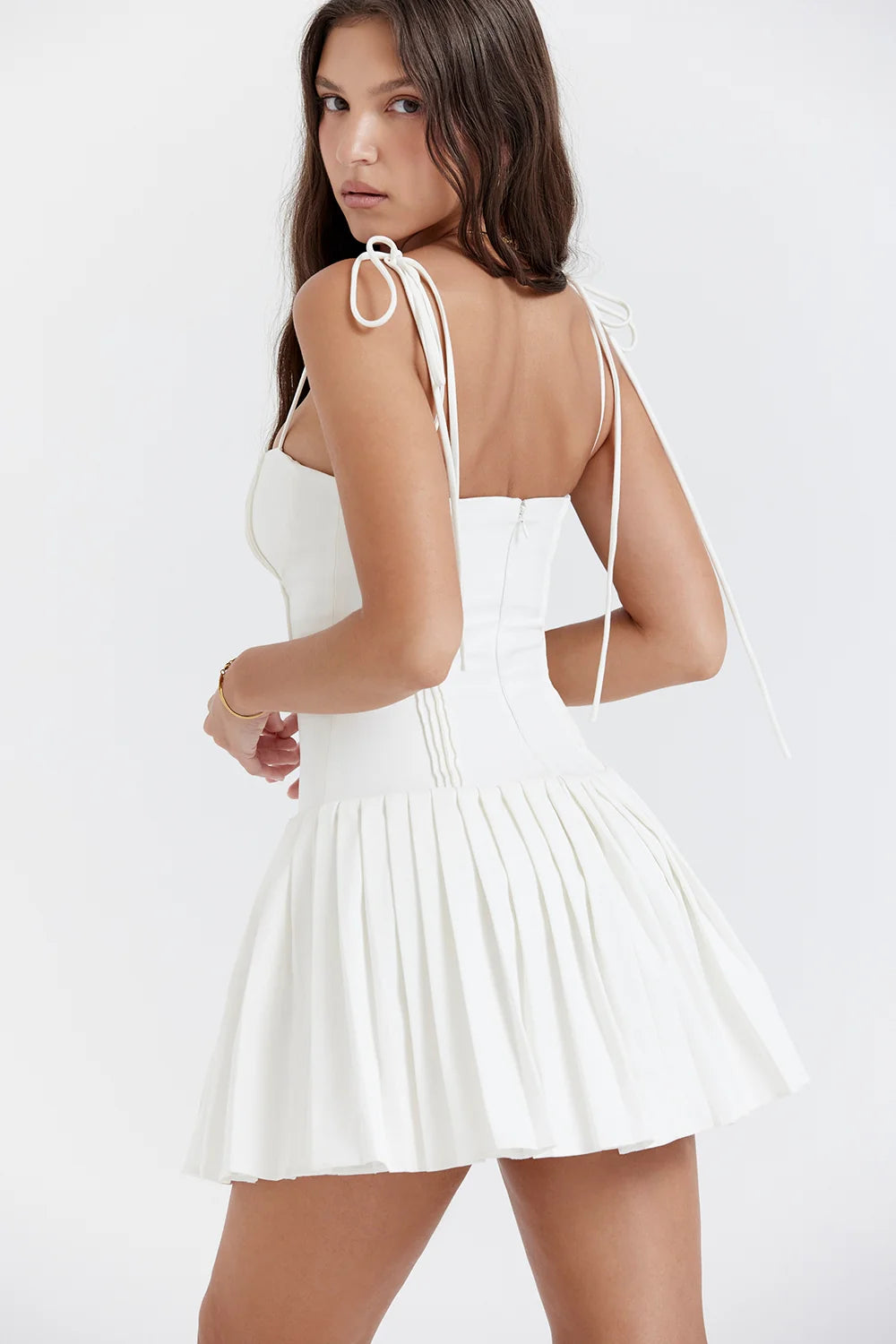 white pleated mini dress