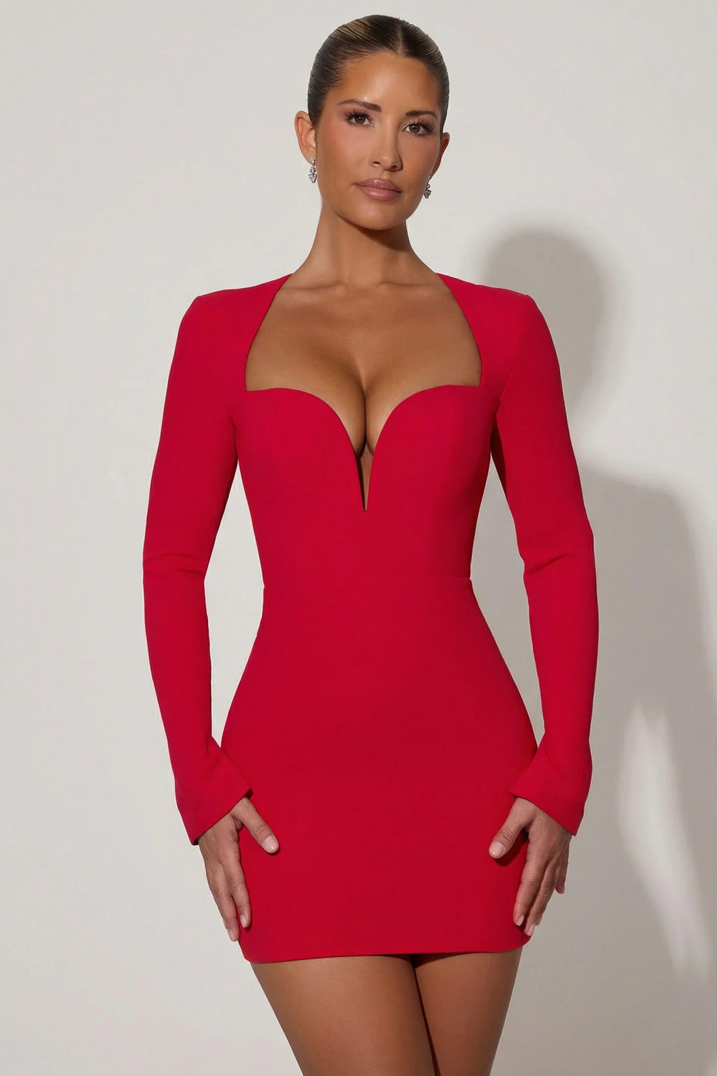 Cut-Out Heart-Detail Bodycon Mini Dress in Red