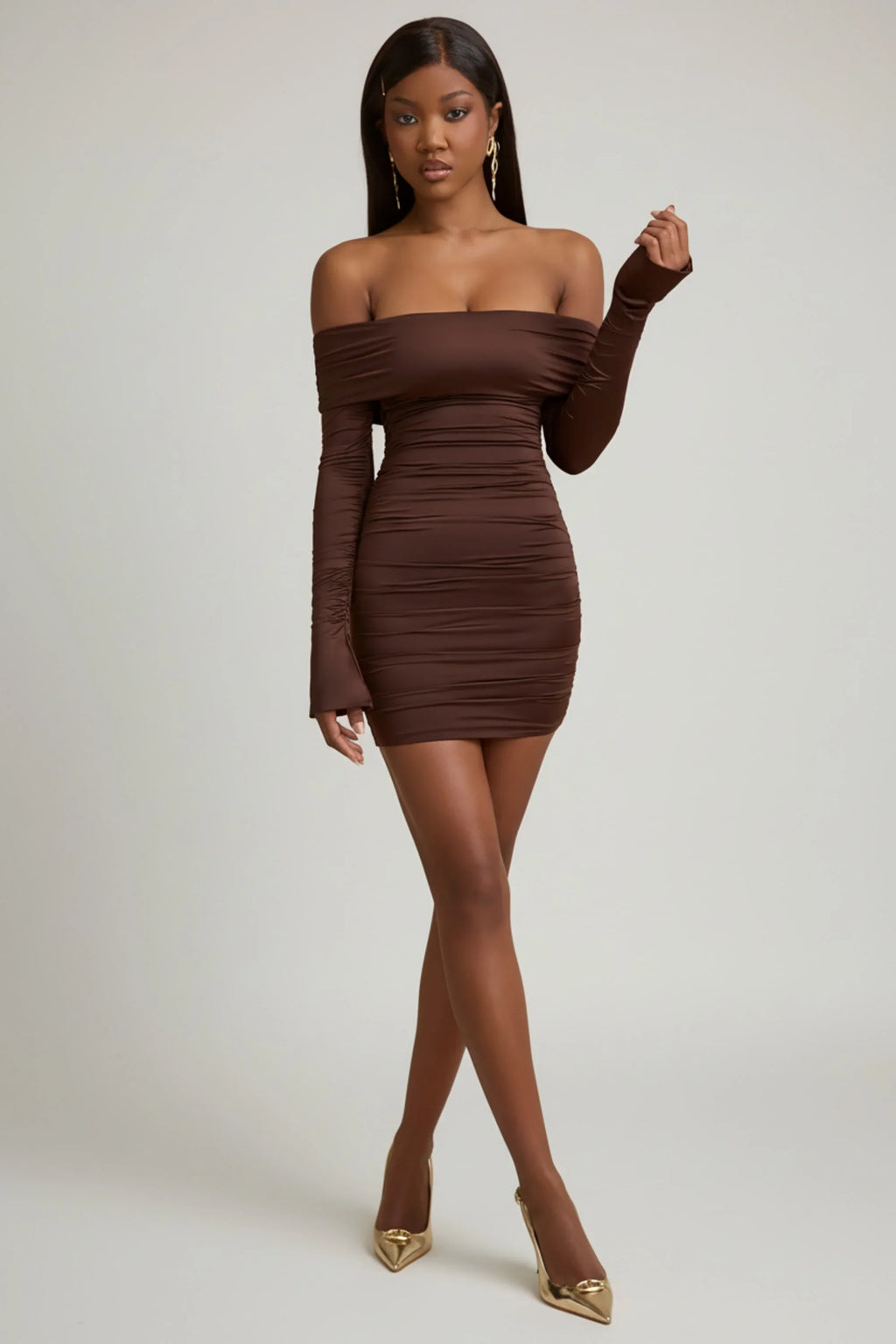 Bow-Detail Off-Shoulder Mini Dress in Chocolate Brown