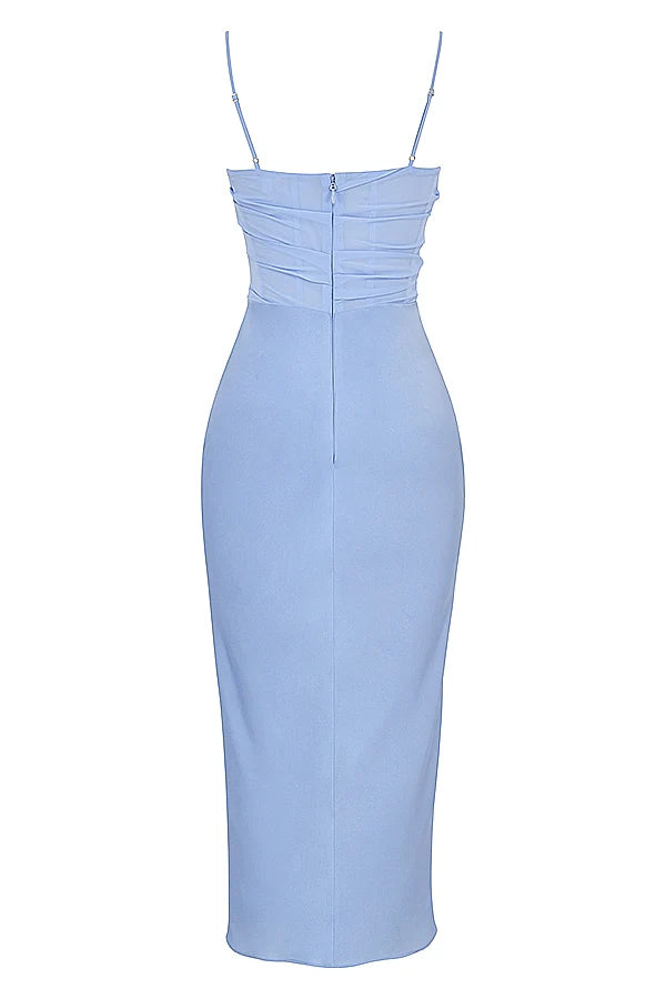 sky draped corset midi dress