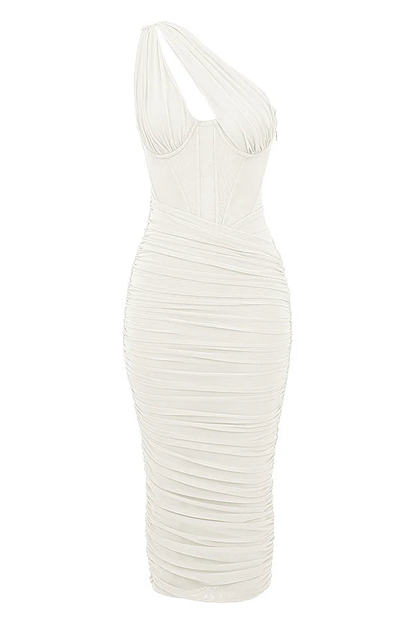 ivory asymmetric cutout midi dress