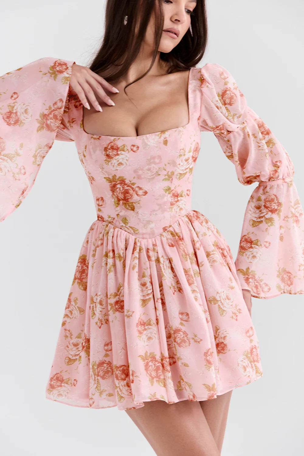 english vintage rose print puff sleeve mini dress