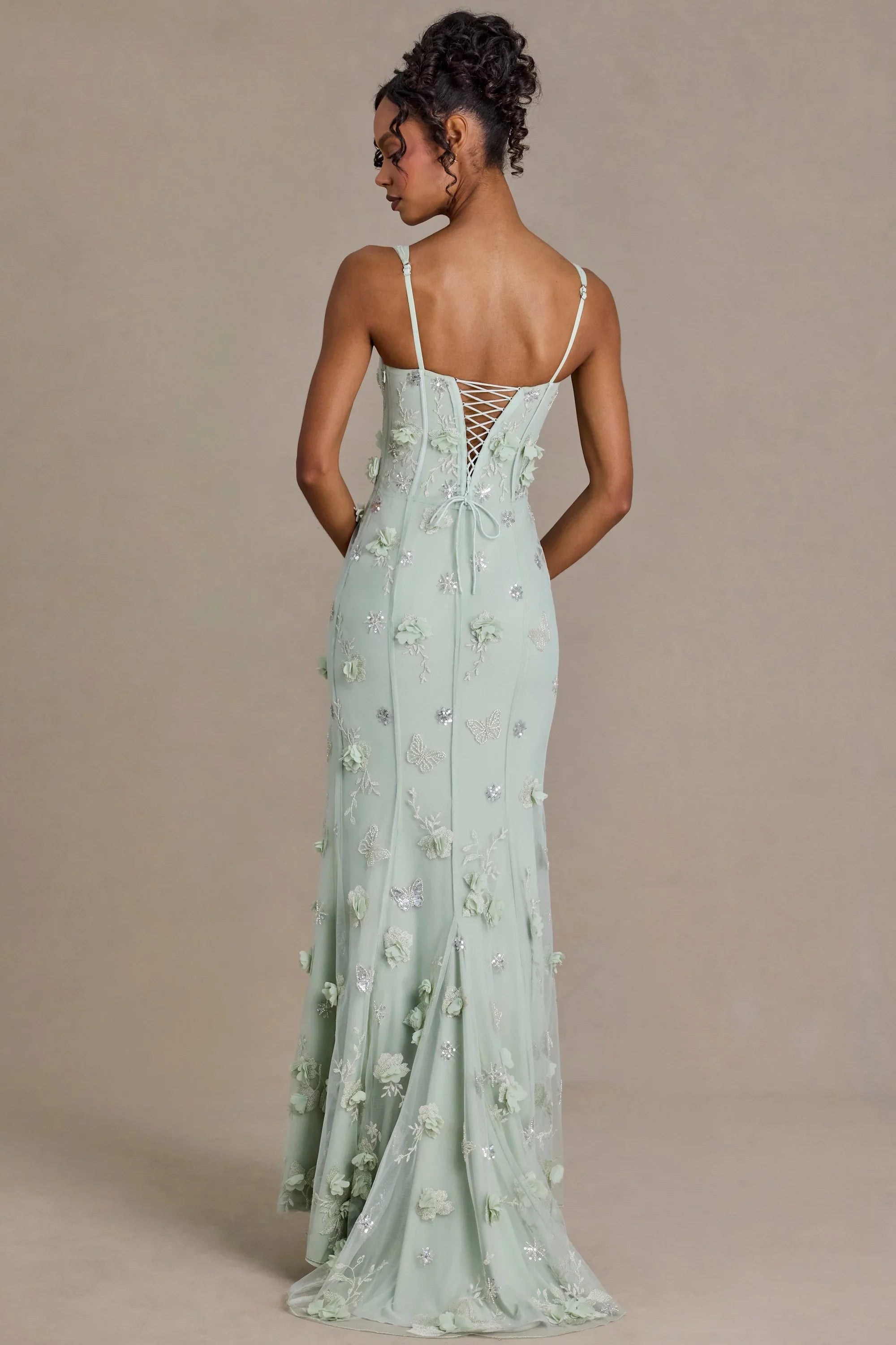 Premium Embellished Corset Gown in Sage Green