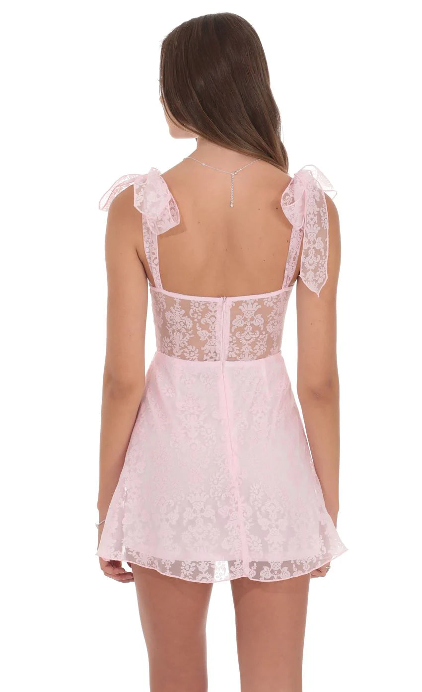 Motif Shoulder Tie A-line Dress in Pink