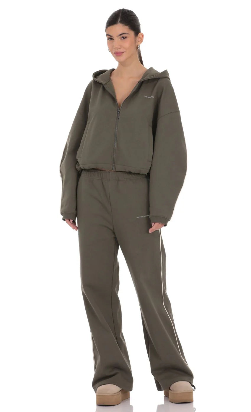 Piped Straight Leg Sweatpants in Olive Green