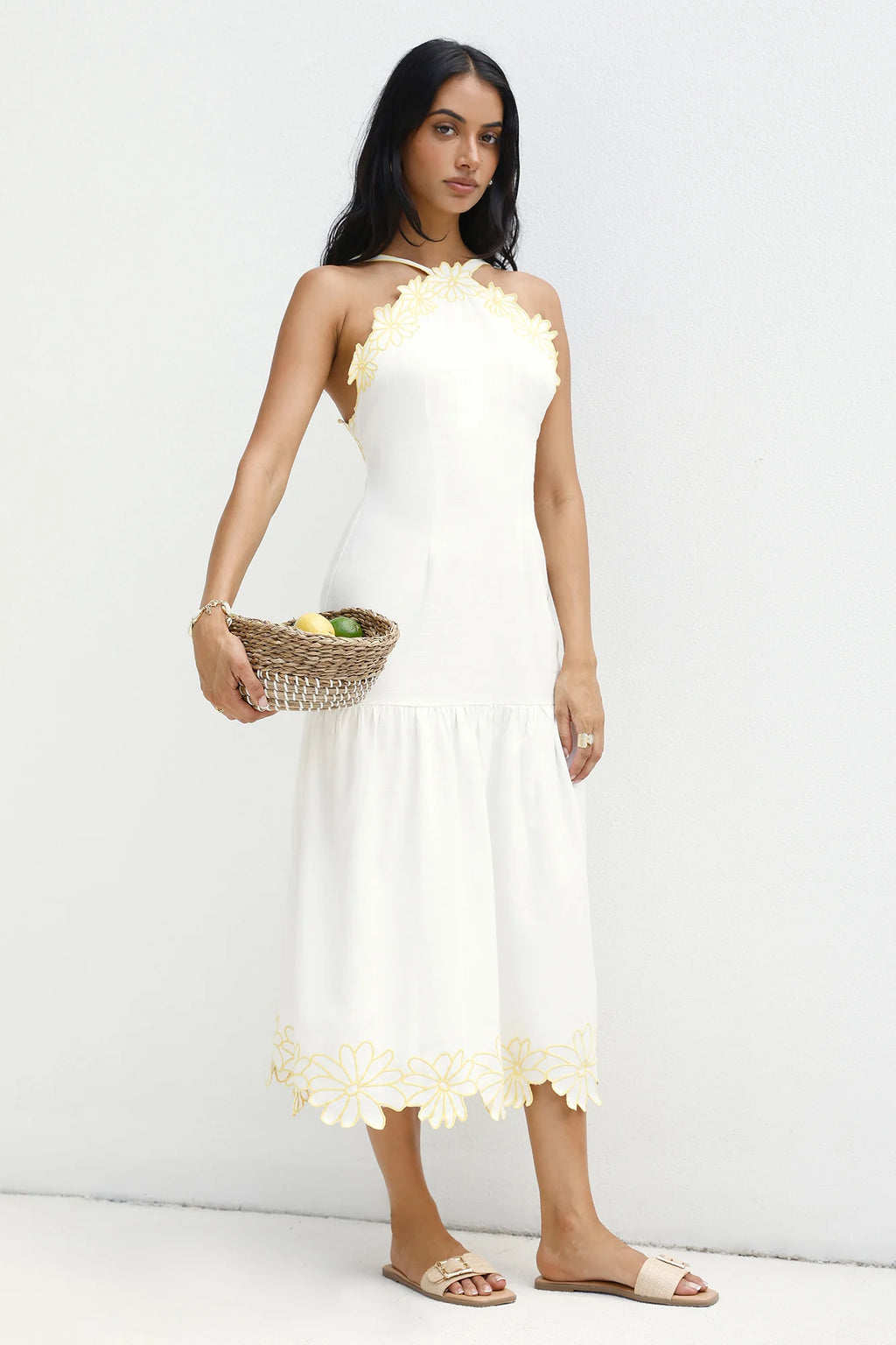 Golden Petals Midi Dress White
