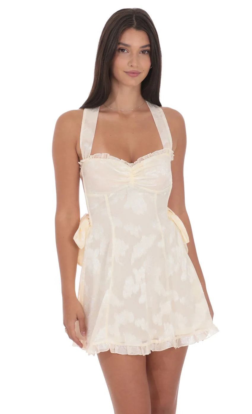 Floral Strappy Back Bows Dress in Cream