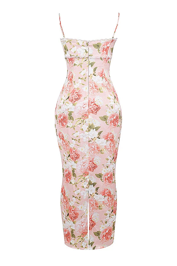 pink peony print satin maxi dress