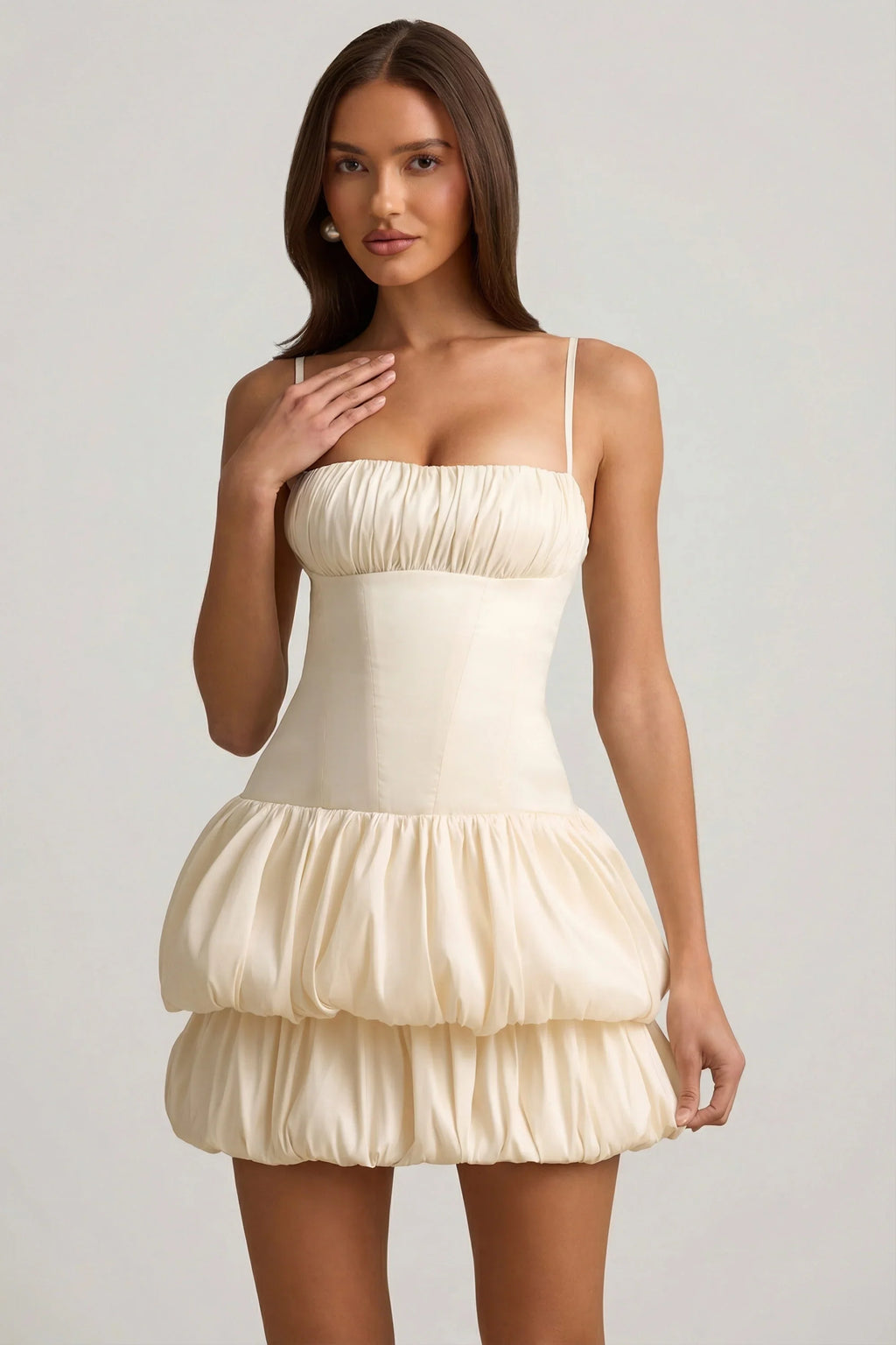 Satin Bubble Hem Corset Mini Dress in Ivory