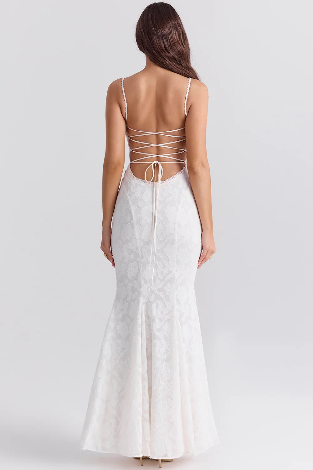 ivory lace up back maxi dress