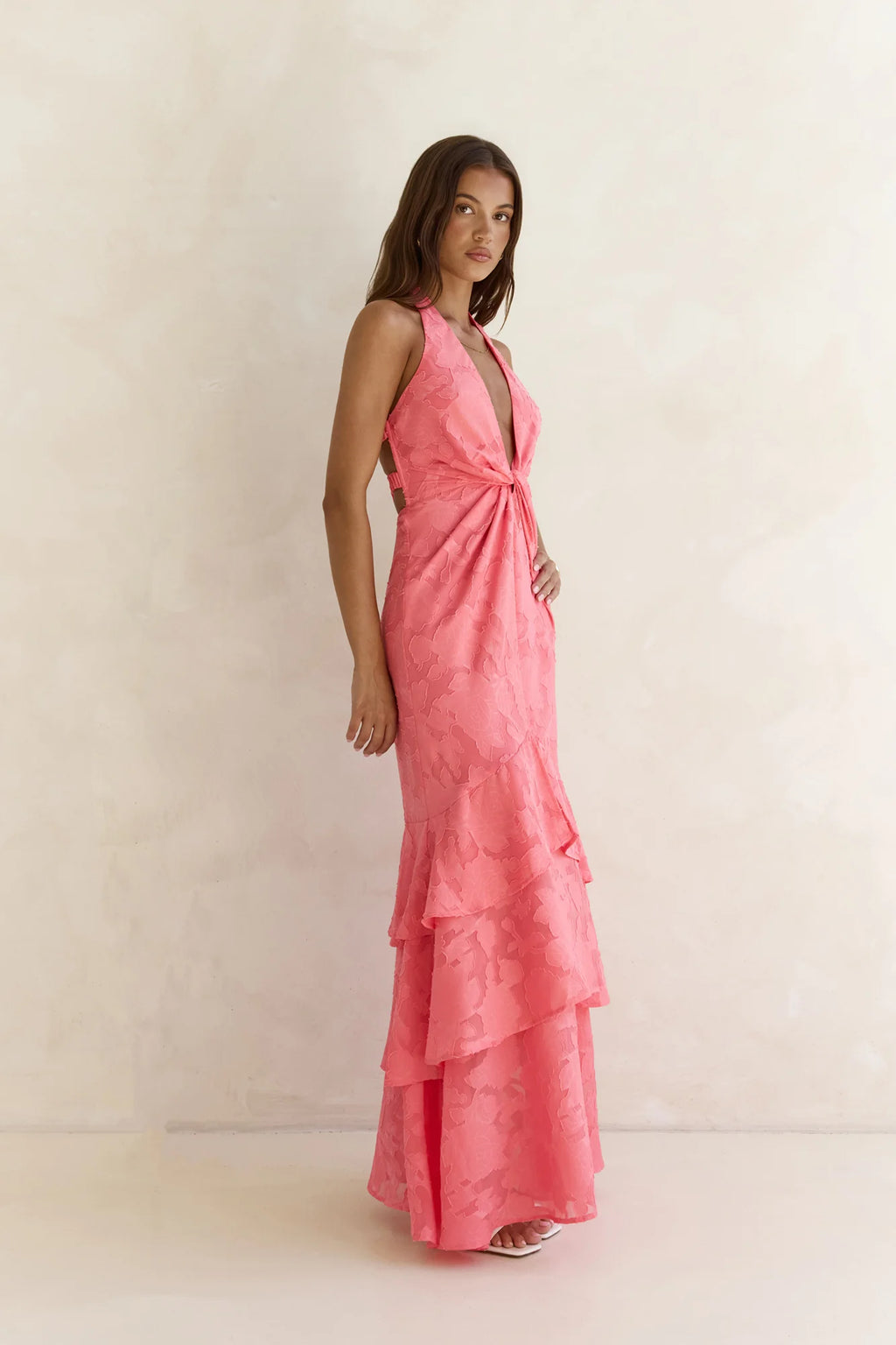 Heartbeat Haze Halter Maxi Dress Coral Orange