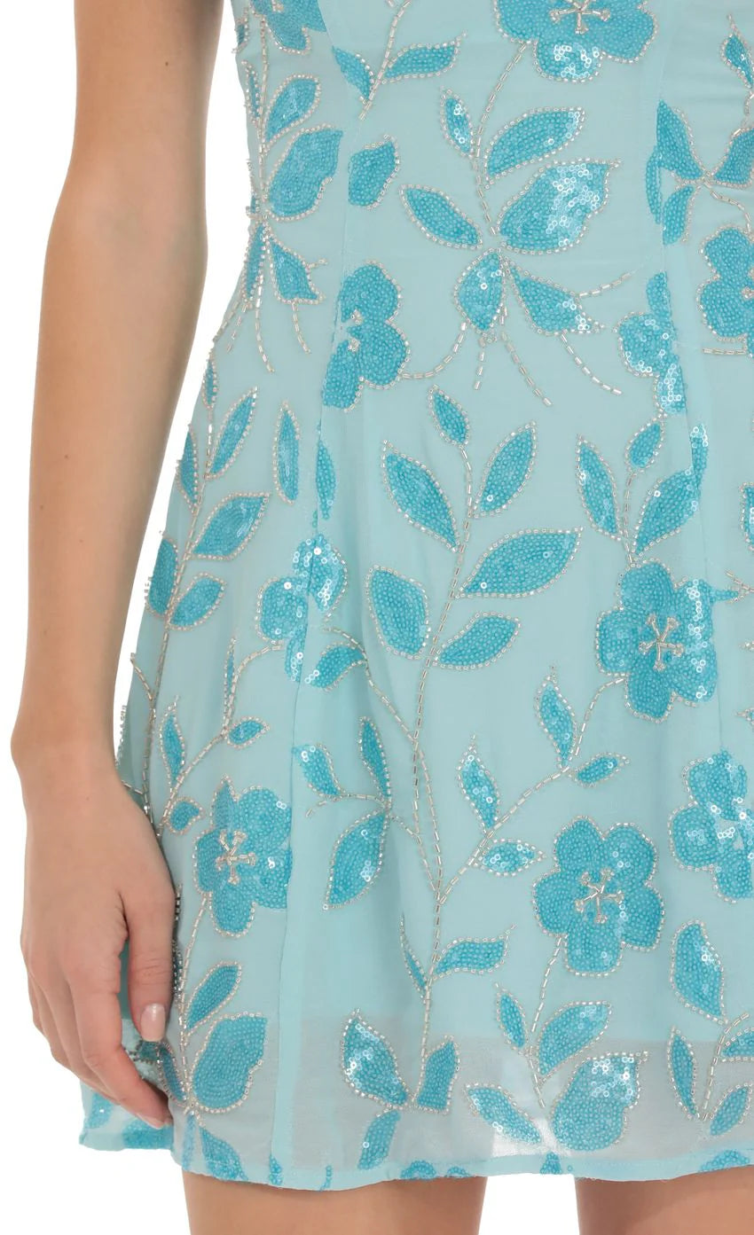 Gia Embellished Mini Dress in Blue